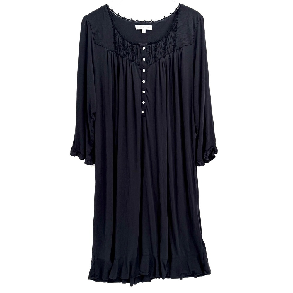 Eileen West Nightgown Button Front Sleep Dress Size M Black Knit Lace Trim FLAW